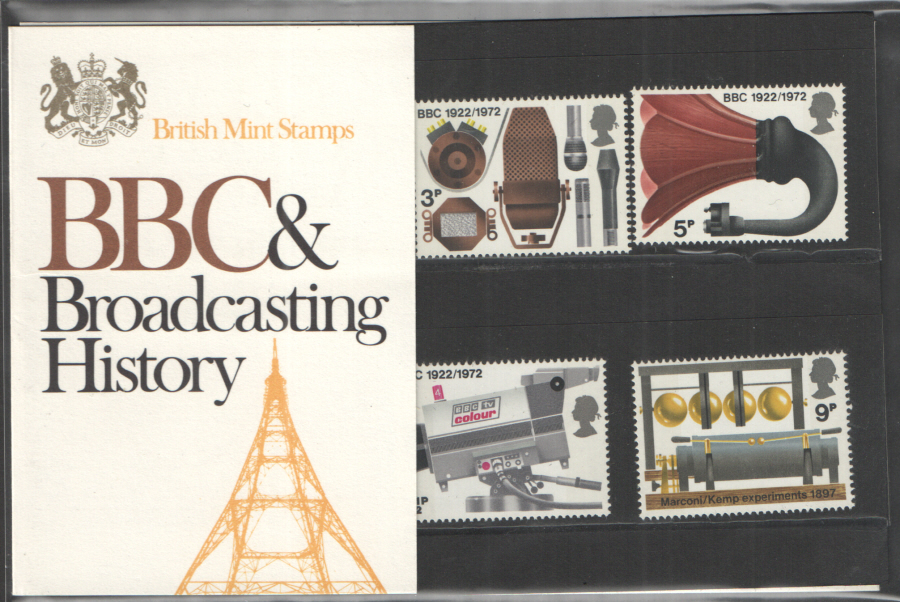 (image for) 1972 Broadcasting Anniversaries Type A - Gold on White Royal Mail Presentation Pack 43 - Click Image to Close